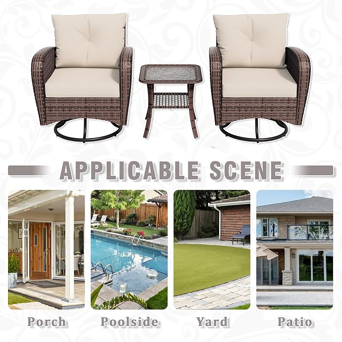 3 Piec Patio Bistro Set with 2 Rocking Chairs & Table, 360° Swivel PE Wicker Outdoor Furniture, Heavy-Duty Steel Frame,Weatherproof Cushions, Beige