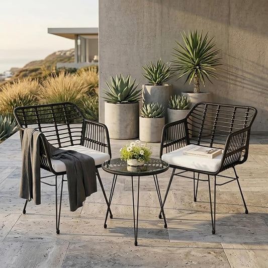 3-Piece Patio Furniture Set, Wicker Bistro Set with 2 Cushioned Rattan Armchairs and Glass Top Coffee Table, Small Conversation Set for Balcony, Porch, Backyard, Black/White