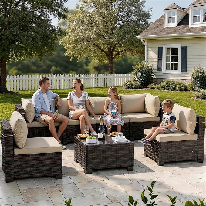 LAFWELL 7 Pieces Outdoor Patio Furniture Sets,Rattan Conversation Sectional Set,Manual Weaving Wicker Patio Sofa with Tea Table