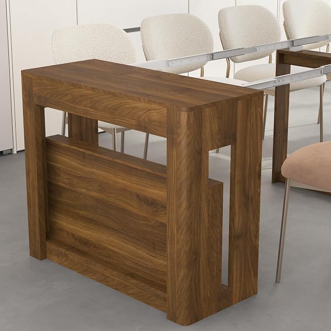 Extendable Foldable Dining Room Table for 1-12 People, Wood Multifunctional Rectangle Expandable Console Kitchen Living Meeting Room Furniture, Walnut