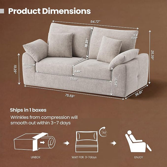 75.6" Boneless Loveseat Sofa, Polyester Fabric 2-Seater Couch with 4 Pillows, No Assembly Required, Soft High Density Foam Cushion, Rectangular Track Arm Sofa for Living Room Bedroom Apartment (Camel)