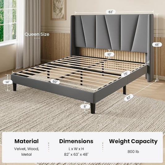 SHA CERLIN Queen Size Bed Frame with Geometric Wingback Headboard, Upholstered Platform Bed with Wooden Slats Support, 8" Under-Bed Space, No Box Spring Needed, Easy Assembly, Light Grey