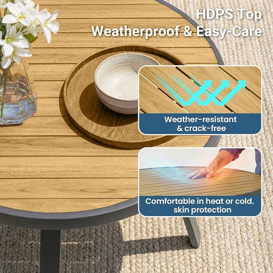Aluminum Outdoor Table for All-Weather, 35.4" Patio Tables with Heavy Duty HDPS Round Tabletop, Outside Table with Quick-Drying Slatted Design for Patio, Garden, Deck, Porch, Poolside, Backyard