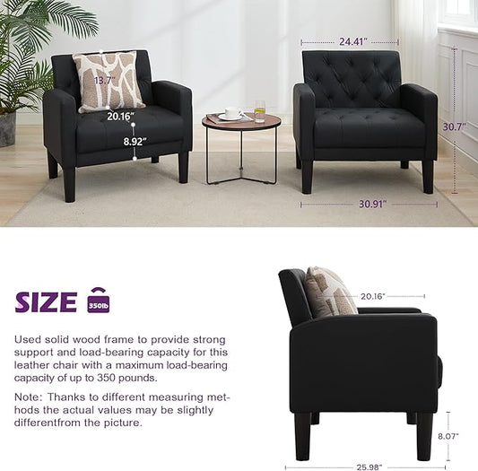 TYBOATLE Accent Chair Comfy Living Room Chair Black Leather Tufted Mid Century Modern Accent Chairs Small Cozy Reading Arm Chair for Office, Bedroom (1, Black)