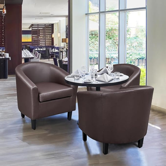 Topeakmart Accent Chair, Modern and Comfy Faux Leather Barrel Upholstered Club Chair with Wooden Legs for Living Room Bedroom, Set of 2, Espresso