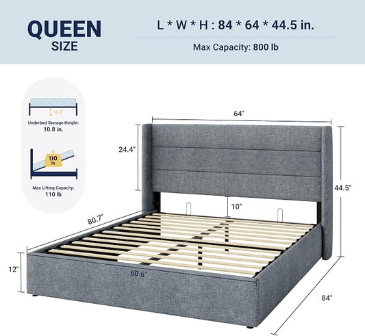 Allewie Queen Size Lift Up Storage Bed, Modern Wingback Headboard, Hydraulic Support, No Box Spring Needed, Grey Blue