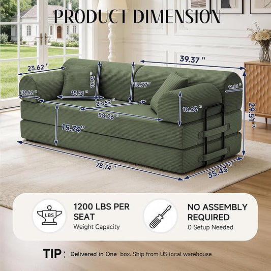 79'' Convertible Sofa Bed, 6 in 1 Folding Floor Futon Couch Sleeper with Fixed Frame, Corduroy Modular Sofa Bed with Removable Armrests & Pillows, No Assembly for Living Room Bedroom (Light Green)