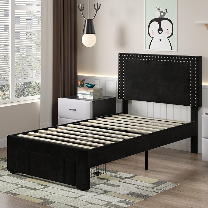VECELO Twin Size Upholstered Bed Frame with Storage Drawer, Adjustable Velvet Rivet Decor Headboard, Wooden Slats Platform Support, No Box Spring Needed, Easy Assembly,Black
