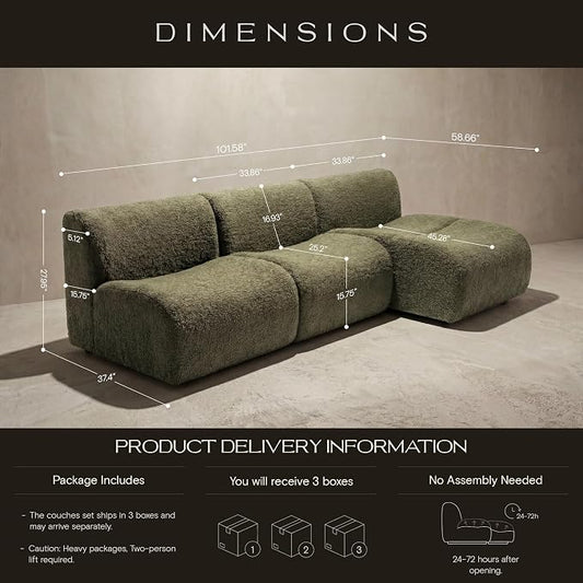 102" Curved Sectional Couch with Chaise Lounge, 3-Seat Reversible L-Shaped Sofa, Deep Seat Sherpa Boneless Modular Couches, Modern Curved Sofas for Living Room – No Assembly, Green
