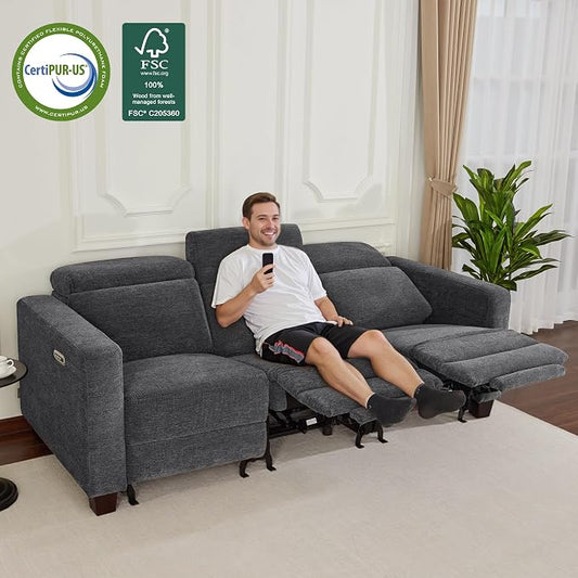 MCombo 88.6'' Reclining Sofa, Wall Hugger Power Recliner Sofa with Adjustable Headrest, USB A & C Charge Ports, Wood Legs, for Living Room (Fabric, HL198M3) (Dark Grey, 3-Seater)