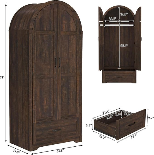Squireewo 2 Doors Armoire Wardrobe Closet with Doors and Drawers, 71" Farmhouse Arched Wooden Wardrobe Cabinet with Mirror and Lights, Large Armoire Storage Cabinet with Shelves & Hanging Rod,Brown