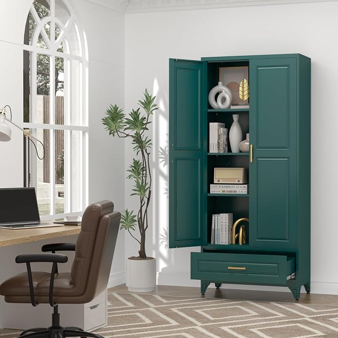 UNICOLY 75" Kitchen Pantry Cabinet with Drawer, Tall Storage Cabinet with Doors and 4 Shelves, Metal Storage Cabinets for Kitchens, Living Room, Dinning Room, Assembly Required, Green