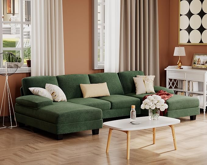 Furmax Sectional Couches for Living Room, U-Shaped Sofa Couch with Linen Fabric, 4 Seat Sofa Set with Double Chaise for Apartment (Chenille, Green)