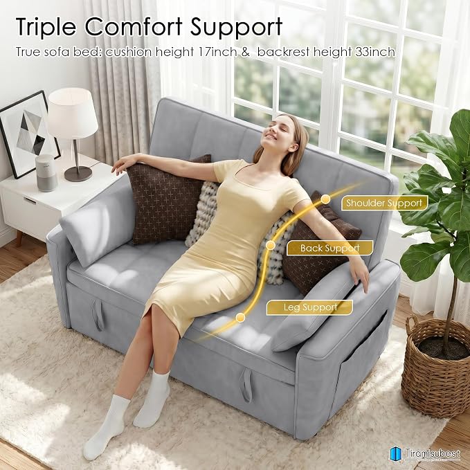 54'' Sleeper Sofa Bed, Convertible Pull Out Couch Futon for for Living Room,Apartment (Ashgrey, Loveseat) Side Pockets, Velvet Fabric, Adjustable Backrest, Pull-Out Bed, Easy Assembly