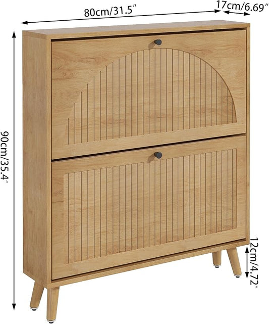 Fsbecl Shoe Storage Cabinet for Entryway with 2 Flip Drawers, Narrow Wood Shoe Cabinet with Fluted Panel, Freestanding Hidden Shoe Organizer for Foyer, Hallway (Wood Color - No Shelf)