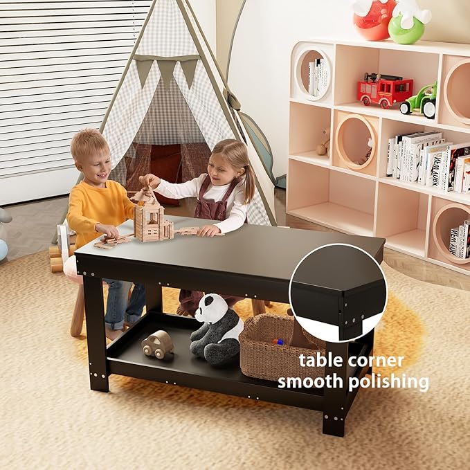 2 in 1 Kids Activity Train Table with Board and Storage, Wooden Play Table for Arts Draw, Building Blocks, Reading