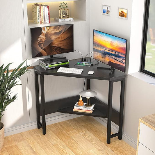 Armocity Corner Desk Small Desk with Outlets Corner Table for Small Space, Computer Desk with USB Ports Triangle Desk with Storage for Home Office, Workstation, Living Room, Bedroom, Black
