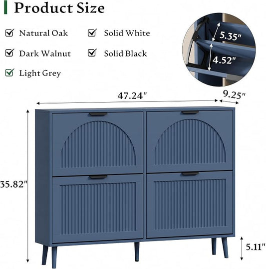 Xixini Shoe Storage Cabinet with 4 Flip Drawers, 36" Freestanding Wood Fluted Shoe Organizer for Entryway, Tall Narrow Wooden Hidden Slim Shoe Rack for Front Door Entrance, Hallway, Foyer, Navy Blue