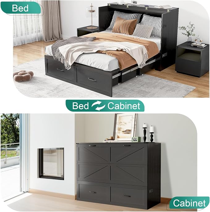 Hlivelood Queen Size Murphy Chest Bed with Drawer and Charging Station, Farmhouse Wood Space-Saving Hidden Folding Bed Chest, Multifunctional Storage Cabinet Beds for Bedroom, Office, Black