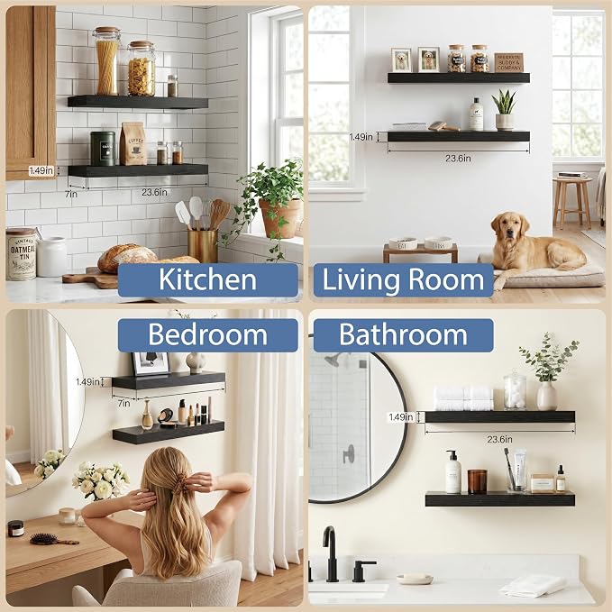 24 Inch Black Floating Shelves for Bathroom Storage, Wall Mounted Wood Shelves for Bedroom, Living Room & Kitchen, Modern Display Shelves Set of 2