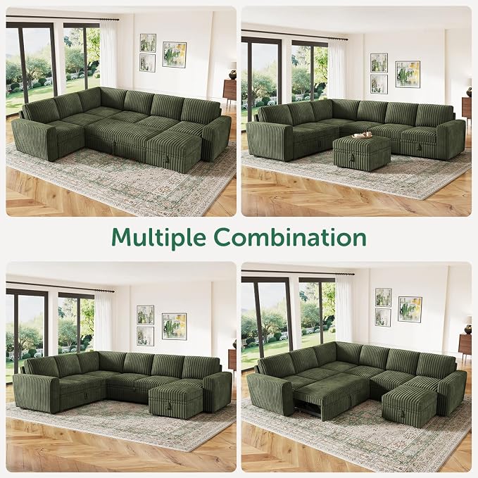 HONBAY Modular Sectional Sleeper Sofa with Pull Out Bed,Corduroy U Shaped Couch with Storage, Sectional Couches for Living Room,Green