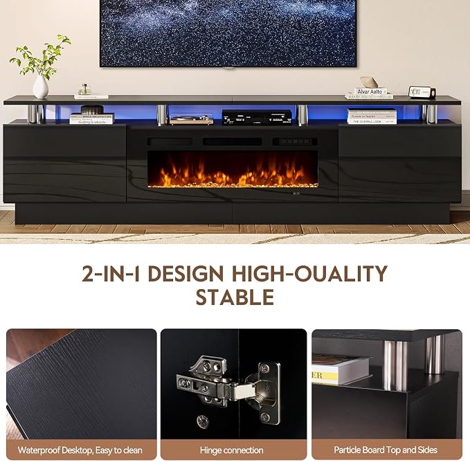 80" TV Stand for Living Room, Large Entertainment Center & Media Console, Fits TVs up to 90", Storage Cabinet with Shelves, 36" Electric Fireplace (All Black)