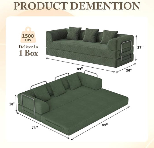 89" Cloud Boneless Convertible Sofa Bed, 5-in-1 Foldable Compressed High-Density Sponge Sofa, Corduroy Fabric 3 Seater Sleeper Couch Futon Daybed for Living Room Bedroom (Green)