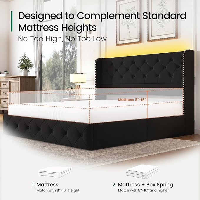 LARMACE Queen Size Bed Frame with LED Lights and 4 Storage Drawers Velvet Upholstered Platform Bed Frame with 47.2" Tall Tufted Headboard Wingback, No Box Spring Needed, Easy to Assemble, Black