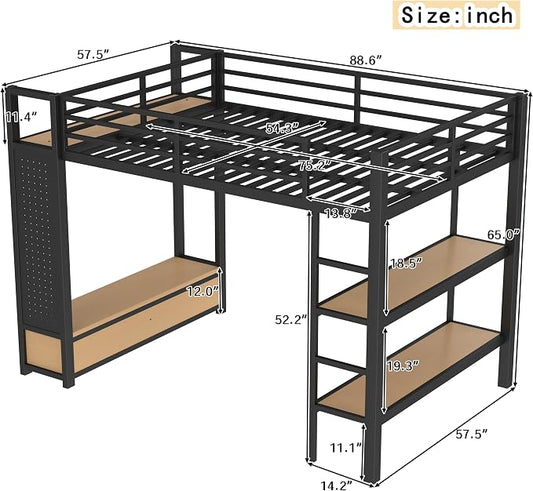 Bellemave Full Size loft Bed with Wardrobe and Storage Shelves and Pegboard Drawers, Metal Full Loft Bed Frame for Adults, Kids, Teens, Black