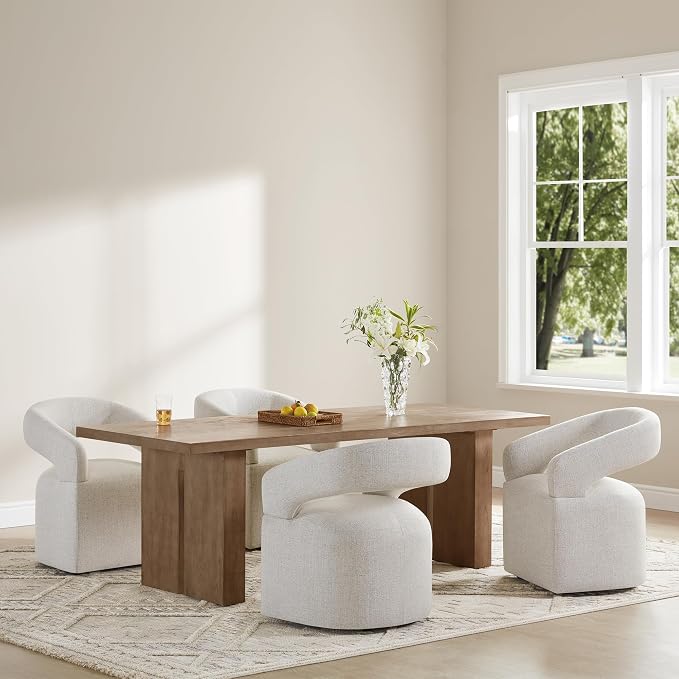 KISLOT Upholstered Dining Chairs Set of 2, Modern Rolling Dining Chairs with Hidden Casters, Arm Kitchen Chairs with Linen Look Fabric, Padded Barrel Chairs for Dining Room, Kitchen, Bedroom, Beige