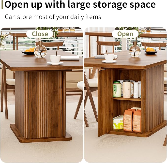 Extendable Kitchen Dining Table for 4-6, 47-65 Inch Rectangle Dining Room Table with 2 Doors, Large Storage, Mid Century Modern Dinner Furniture, Living Room, Space Saving, Square, Fluted, Walnut