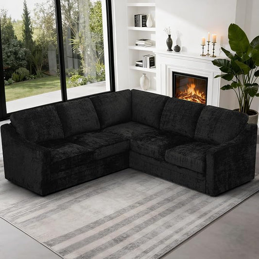 89" Chenille Sectional Sofa with High Density Sponge, Modern 5 Seats Corner Couch with Deep Seat, Comfy Modular L Shaped Couch with Comfortable Back Cushions for Living Room, Black