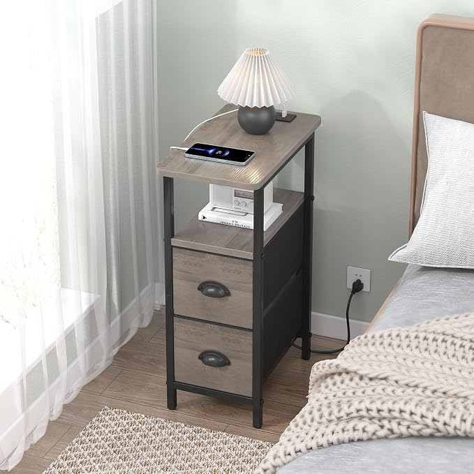 sthmec Narrow End Table with Charging Station, Narrow Side Table with 2 Fabric Drawers, Slim Nightstand, Skinny Bedside Table, Small Side Table for Small Spaces, Living Room, Bedroom, Grey