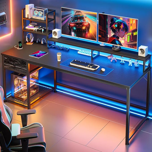 EnHomee 55 Inch Gaming Desk with Hutch and Drawers,Reversible Computer Desk with Monitor Shelf,Home Office Desks with USB Power Outlets and Storage,Pc Work Desk for Office with LED Lights,Black
