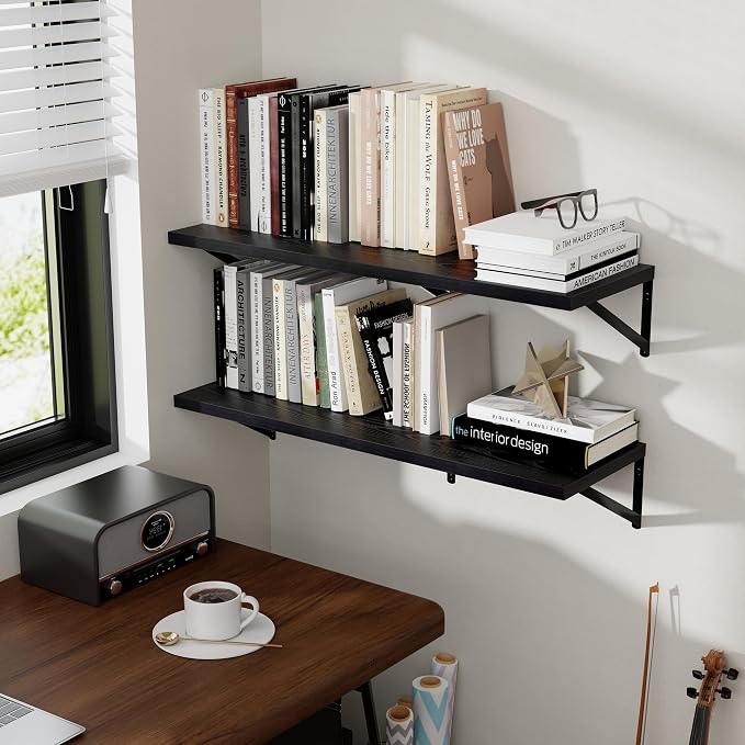 Axeman Deep Floating Shelves for Wall, 16W x 12D Black Floating Shelves Set of 2, 12 Inch Deep Large Wall Mounted Shelves for Living Room Bedroom Bathroom