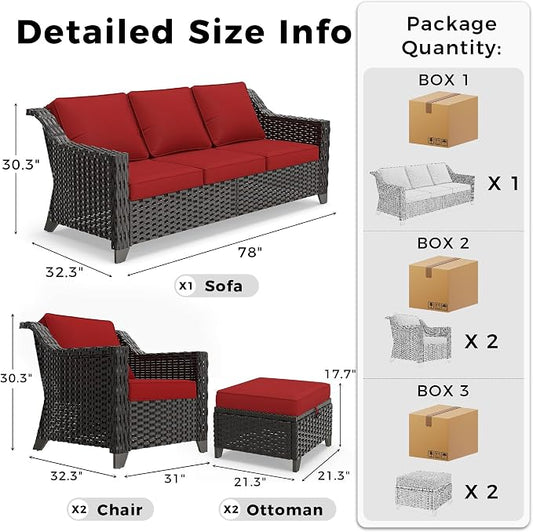 5 Pieces Patio Conversation Furniture Set - 1 Sofa, 2 Armchairs, 2 Ottomans, Outdoor Wicker Furniture with Removable Cushions for Porch, Balcony, Sunroom (Red)