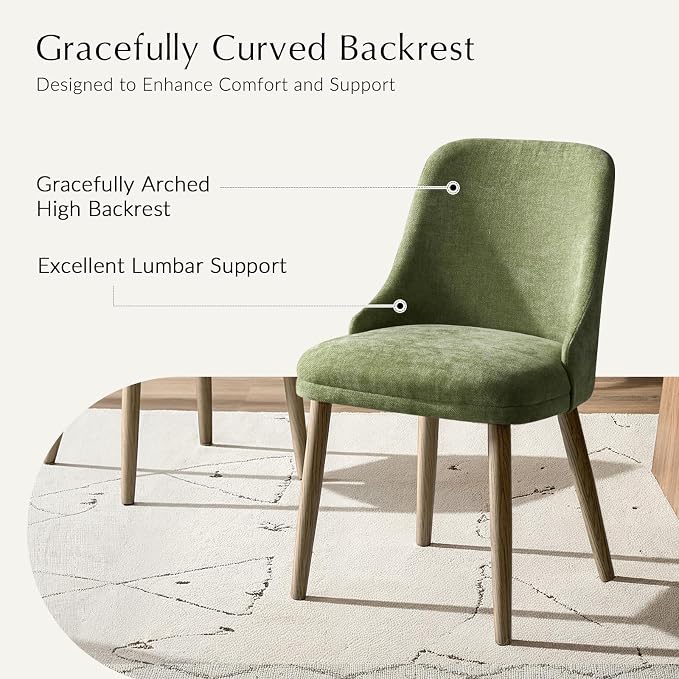 Upholstered Dining Chairs Set of 4, Fabric Dining Room Chairs with Curved Backrest, Solid Wood Legs, Modern Kitchen Chairs for Dining Room Living Room, Moss