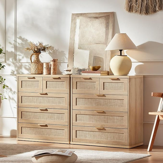 LEYAOYAO Rattan Dresser for Bedroom, 33.5" Tall Chest of Drawers, Modern 5 Drawers Boho Dressers with Storage, Light Oak Dresser Wooden Closet Organizer for Living Room, Hallway, Natural Wood