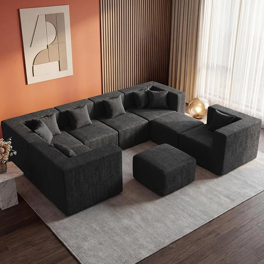 MONVANE Modular Sectional Sofa, Oversized 8 Seat Convertible U Shaped Couch with Ottoman, Comfy Chenille Cloud Couch with Deep Seat, Sectional Couches for Living Room, No Assembly Required, Black