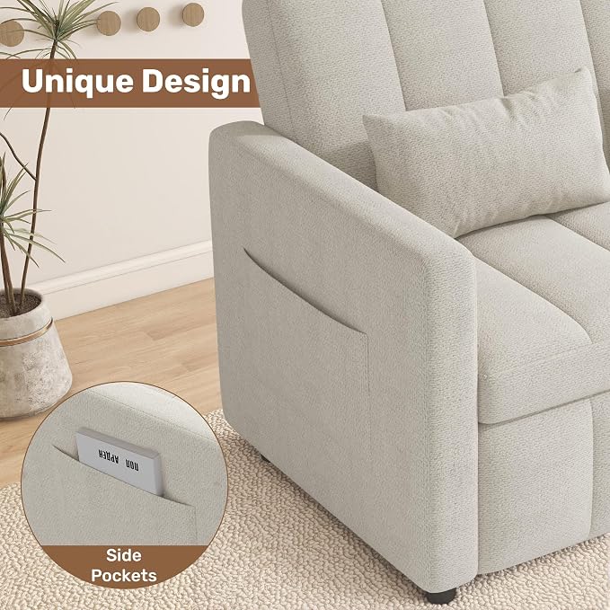 Nebuaegis Sleeper Sofa Bed,3-in-1 Convertible Pull Out Couch with Adjustable Backrest for Living Room,Loveseat Sofa Bed with Side Pockets,Easy Assembly,Beige,1 PCS