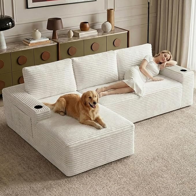 104" Cloud Sectional Couch L-Shaped with Side Pockets Cup Holders, Corduroy Boneless Couch for Living Room,Upholstered Deep-Seat Modular Sectional Sofa, No Assembly Required (White,Left Facing Chaise)