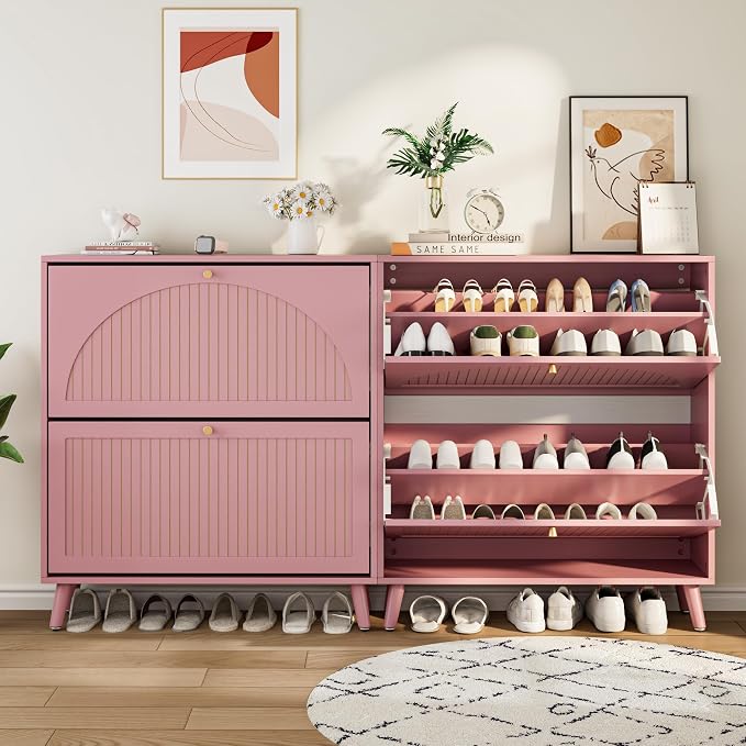 Fsbecl Shoe Storage Cabinet for Entryway with 2 Flip Drawers, Narrow Wood Shoe Cabinet with Fluted Panel, Freestanding Hidden Shoe Organizer for Foyer, Hallway (Pink - with Shelf)