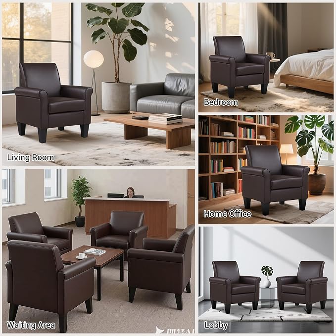 Modern Faux Leather Accent Chair, Upholstered Living Room Armchairs, Comfy Winged Arm Single Sofa Chair for Bedrom, Apartment, Office, Espresso
