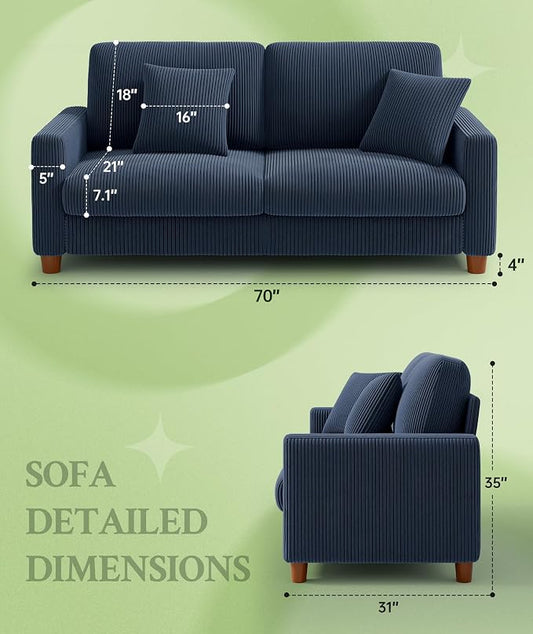 Welzona 70.2" Couches for Living Room, Comfy Blue Couch 7.1" Extra Thick Cushion, Sofas for Living Room Tool-Free Setup, Loveseat Sofa 705lbs Support, Corduroy Couch for Bedroom, Apartment, Office