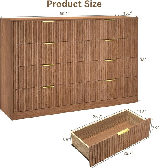 8 Drawer Dresser for Bedroom, 55" Wide Fluted Chest of Drawers with Gold Metal Handles, Modern Wooden Dresser, Closet Storage Organizer Mid Century TV Stand for Living Room Hallway Light Walnut