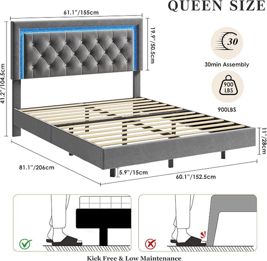 Garvee Floating Bed Frame Queen Size with Smart Led Lights, Upholstered Platform Bed with Diamond Headboard, Solid Wood Slats Support, No Box Spring Needed, Noise-Free, Easy Assembly, Grey