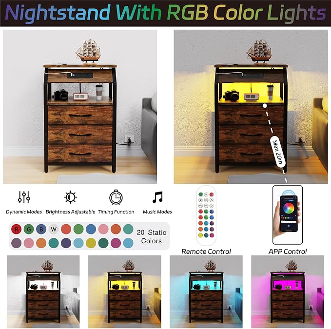 SZLHANJZ End Tables Set of 2, Nightstands with Charging Station and LED Lights, 3 Drawers Fabric Bedside Table, Storage Side Tables for Bedside, Living Room, Rustic Brown