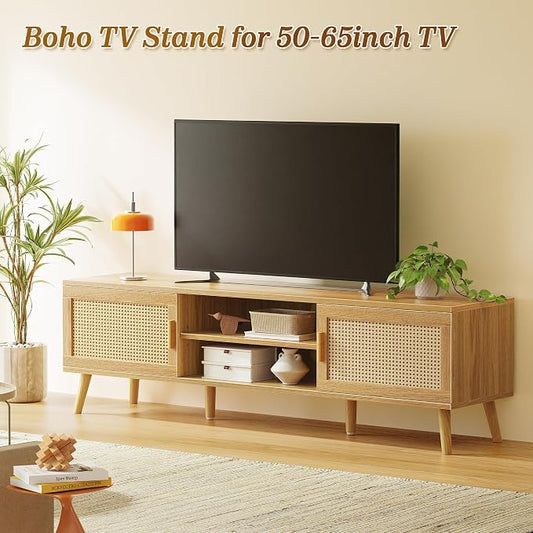 SUPERJARE Boho TV Stand for 65 Inch TV, Entertainment Center with Adjustable Shelf, Rattan TV Console with 2 Cabinets, Media Console, Solid Wood Feet, 4 Cord Holes, for Living Room - Natural