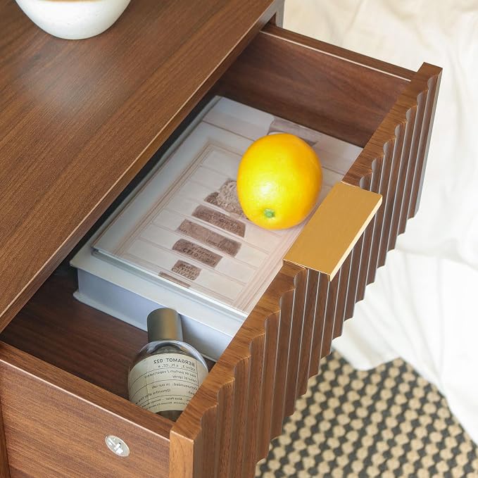 Fultyle Nightstand with Charging Station, Fluted Night Stand with USB and Type C Ports, Mid Century Modern Bedside Table with Drawer and Storage Shelf for Bedroom, Living Room, Office (Walnut Brown)
