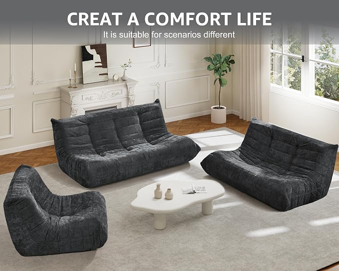 Hobestluk Large Bean Bag Chair Faux Fur BeanBag Couch for Living Room | Darkgrey Chenille, Loveseat,Ergonomic Design,Memory Foam,Anti-slip,No Assembly Required,Decorative Style for Living Room
